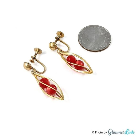 Vintage Twisted Caged Red Beads Screw Back Drop Earrings - Picture 5 of 7